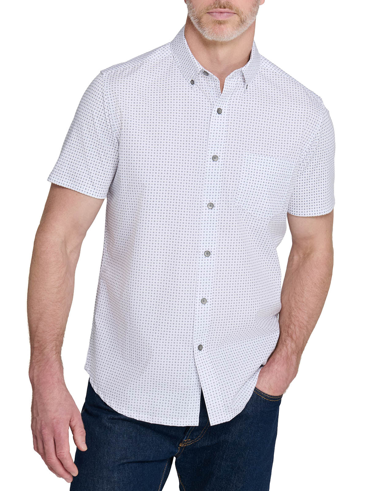 casual short sleeve dress shirts for men W.R.K Slim Fit Micro Diamond Reworked Short Sleeve Button-Down Shirt in White