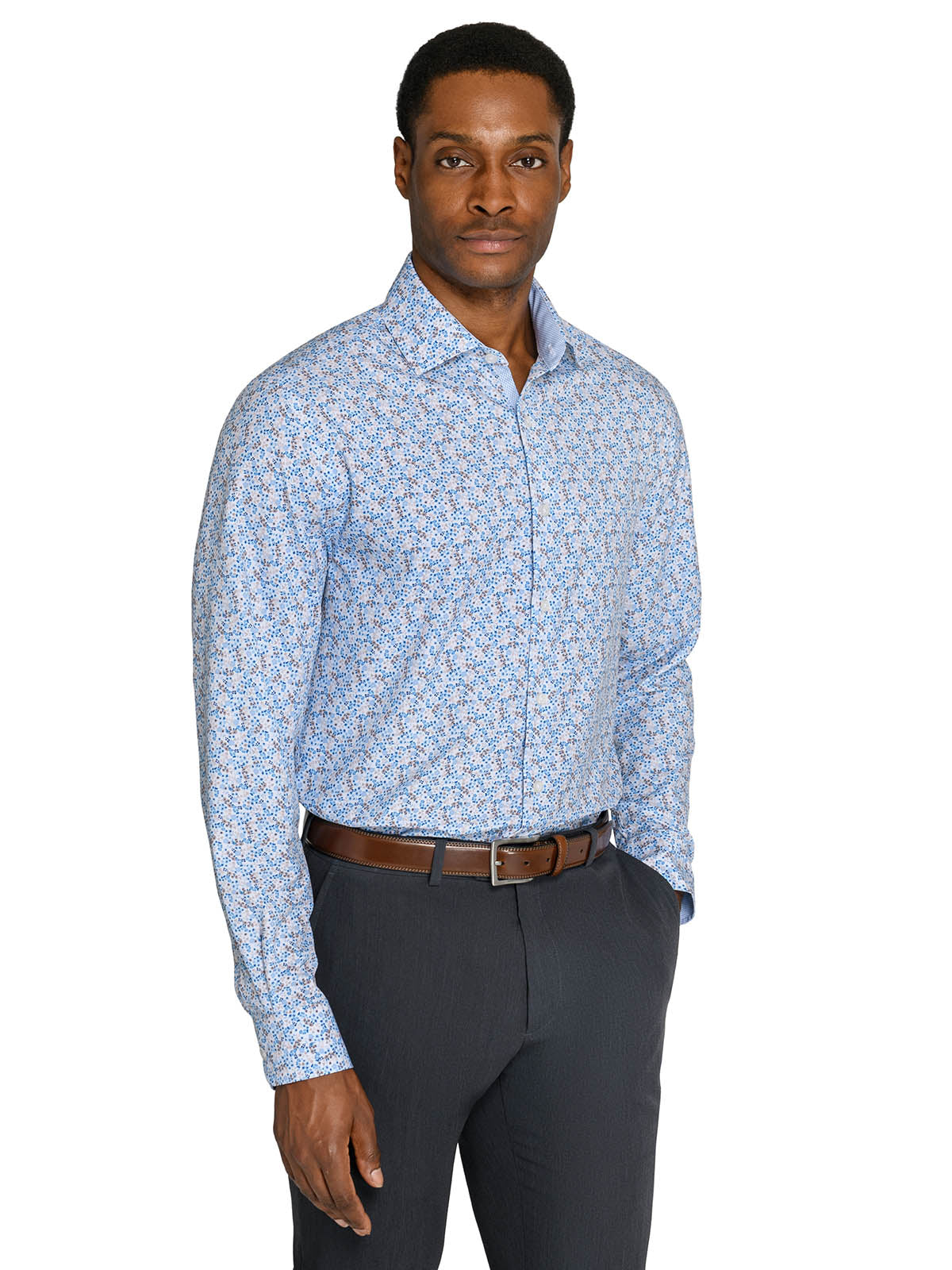 WRKNY Men's Floral Inkblot Performance Dress Shirt Slim Fit 17 White/Blue