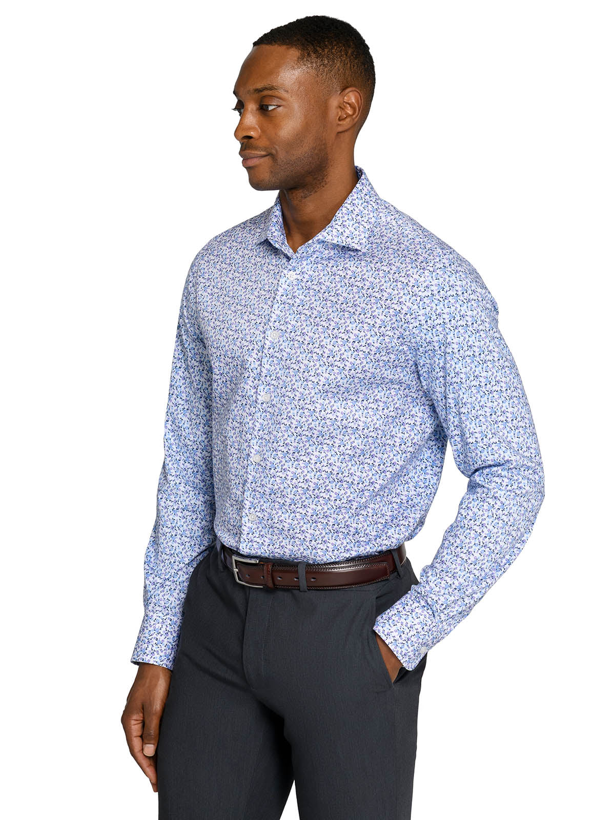 WRKNY Men's Petite Floral Reworked Dress Shirt Slim Fit 17.5 White/Blue