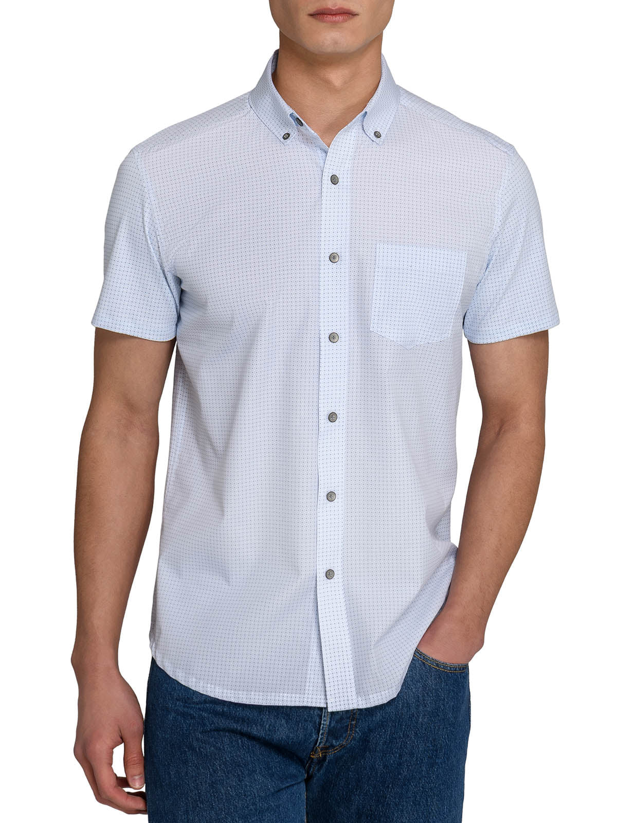 WRKNY Men's Round Lattice Reworked Short Sleeve Shirt Slim Fit L Navy/Blue